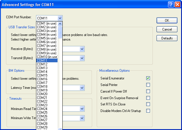 COM Port Advanced Settings