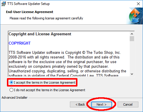 Software Updater Installer accept license agreement